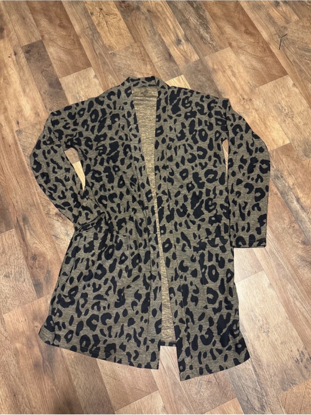 Leopard Print Open-Front Long Sleeve Cardigan - Taupe & Black